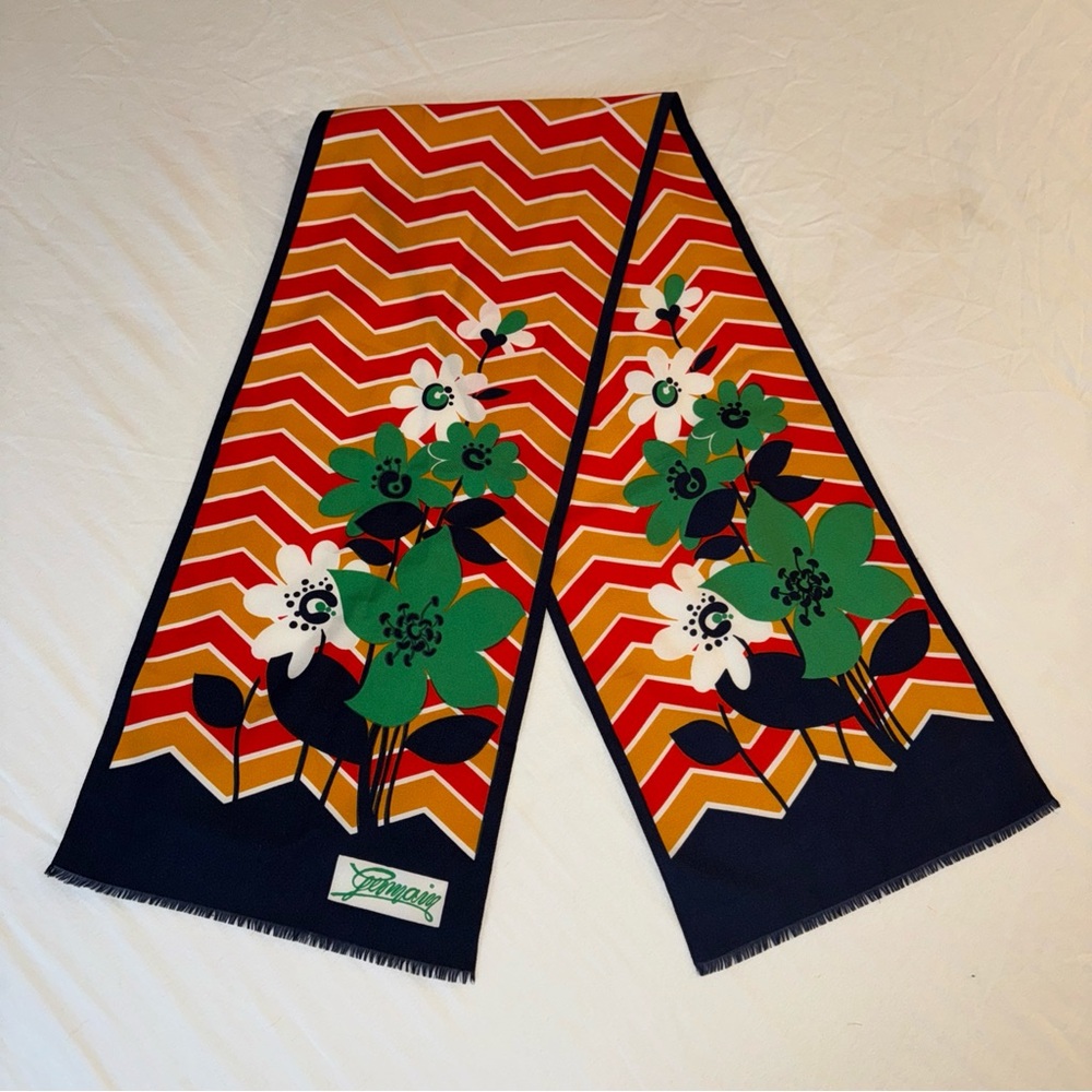 Vintage Germain Scarf McM Modern Zigzag Flowers Blue Orange Red White 11x54